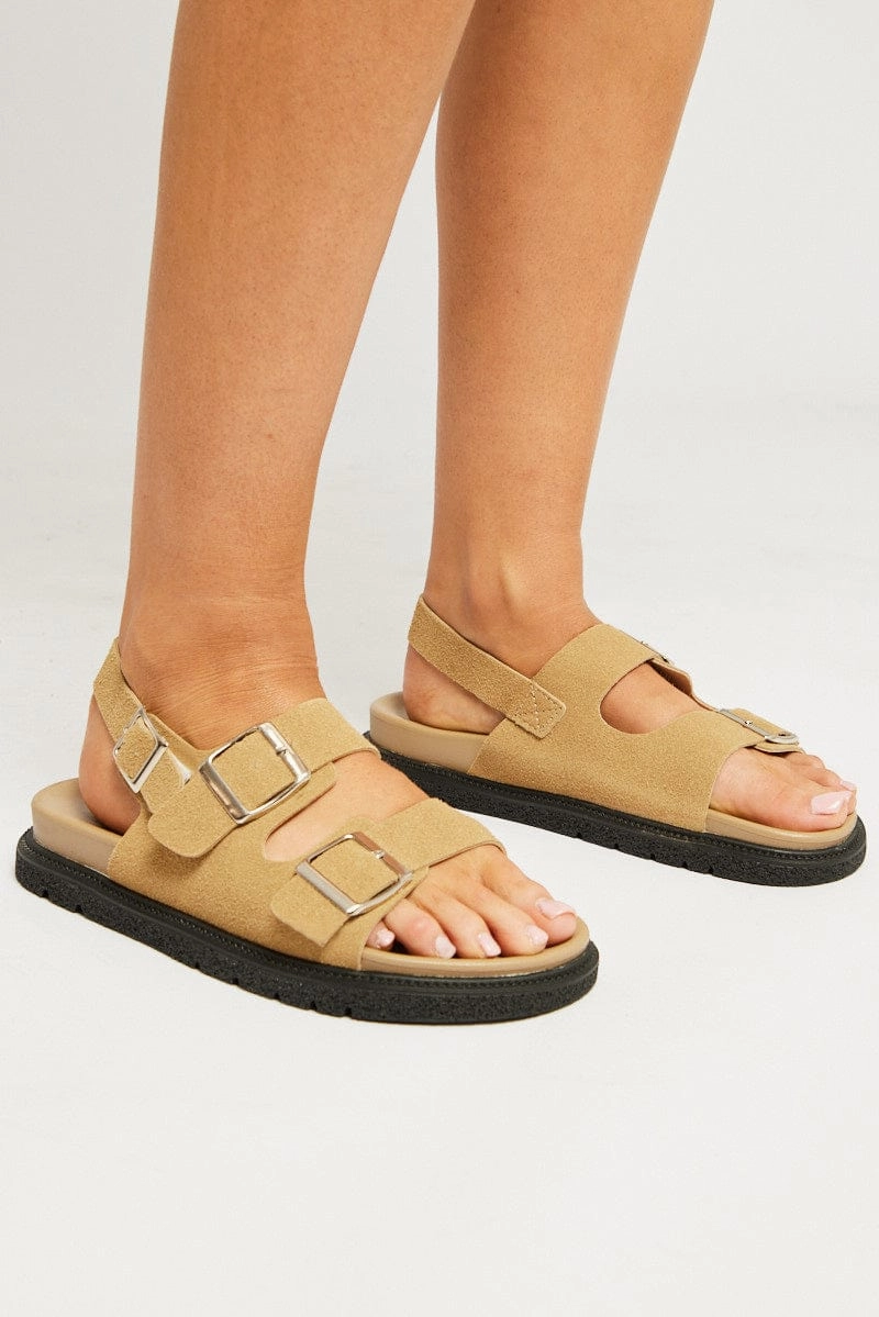 Beige Double Buckle Suede Sandals