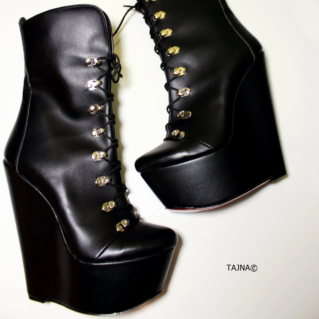 Lace Up Black Military Style Wedge Boots