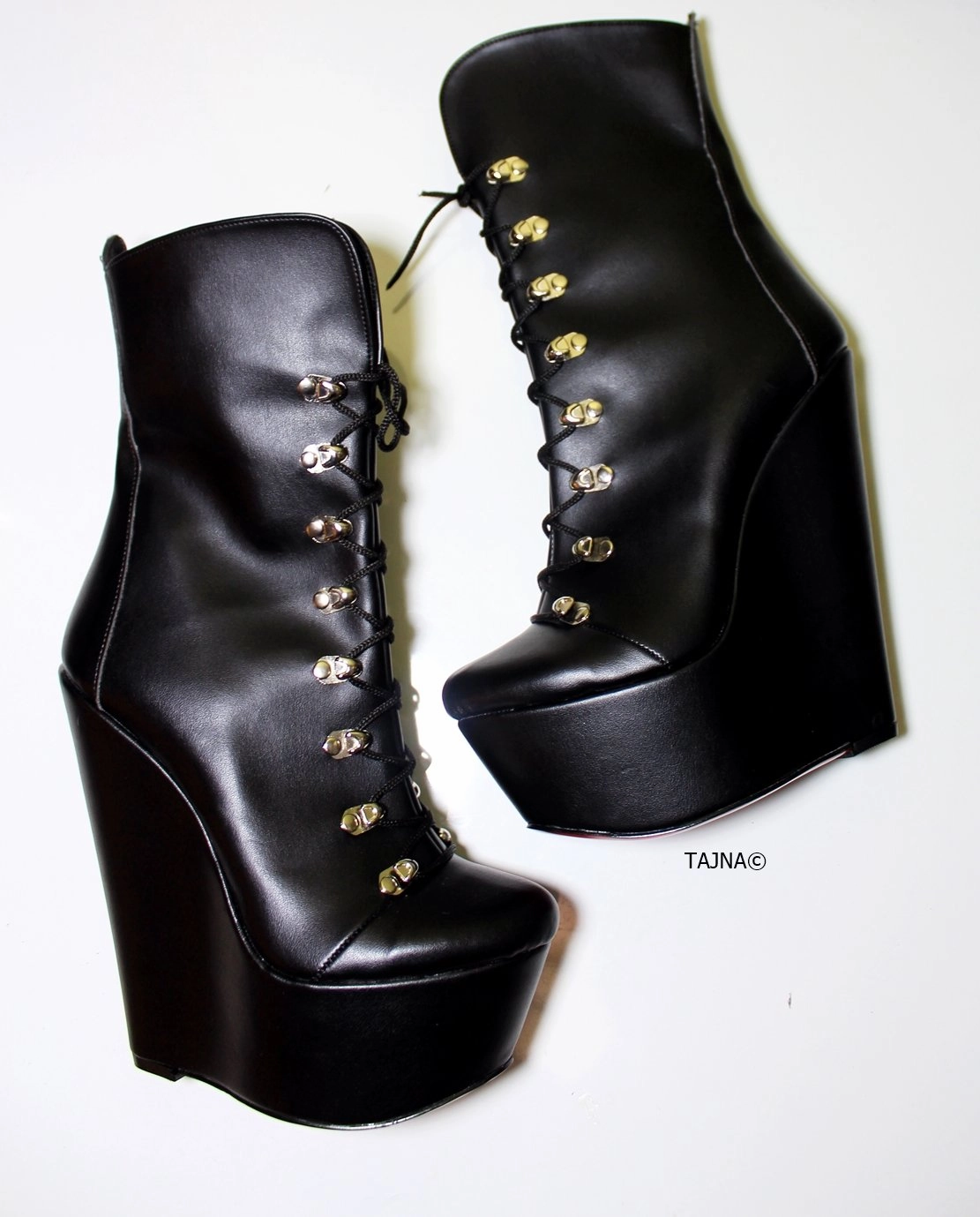 Lace Up Black Military Style Wedge Boots
