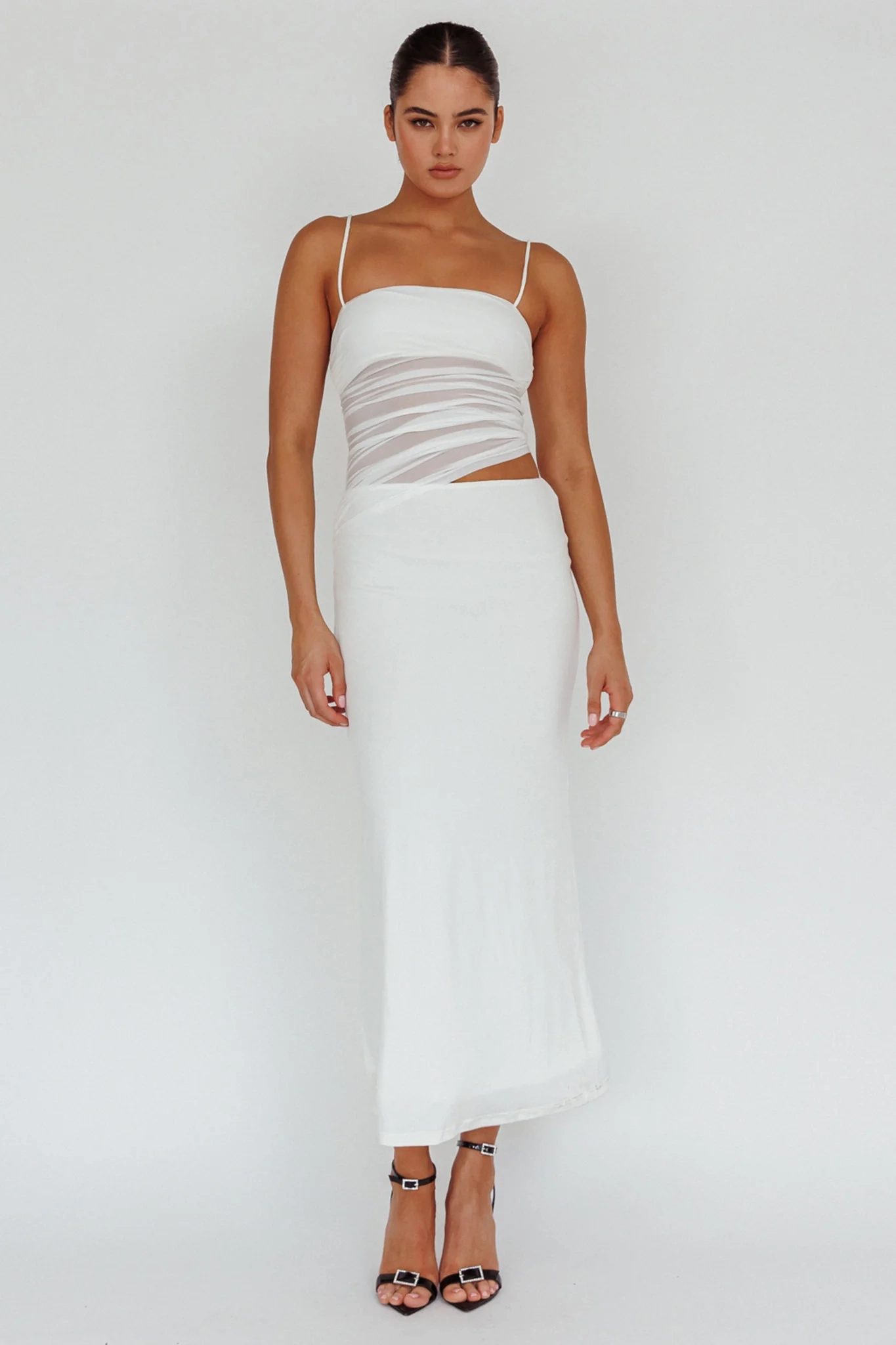 Lorely Ruched Bodice Midi Dress Vanilla