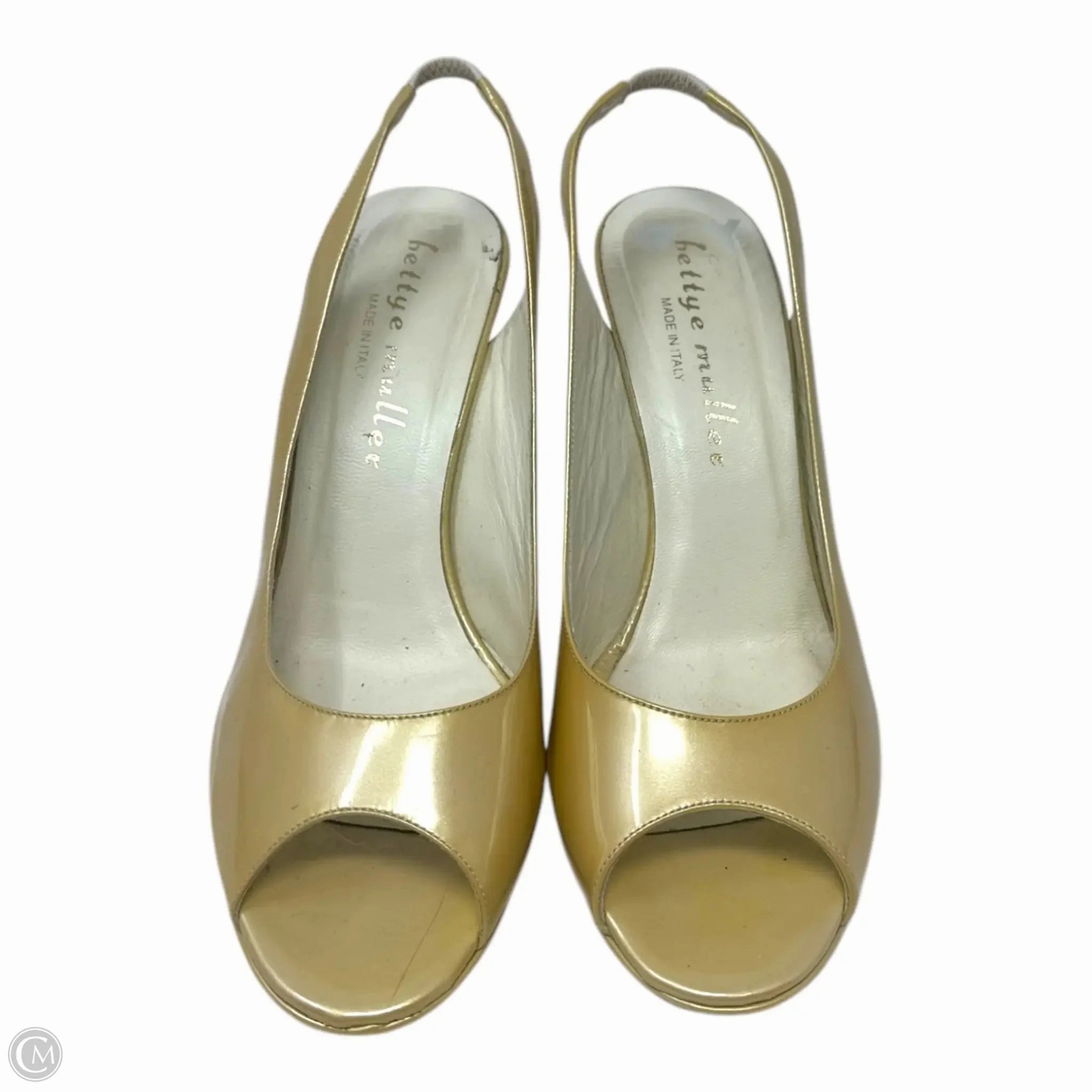 Slingback Stiletto Peep Toe Pumps By Bettye Muller In Metallic Gold Patent Leather, Size: US 9/ IT 39