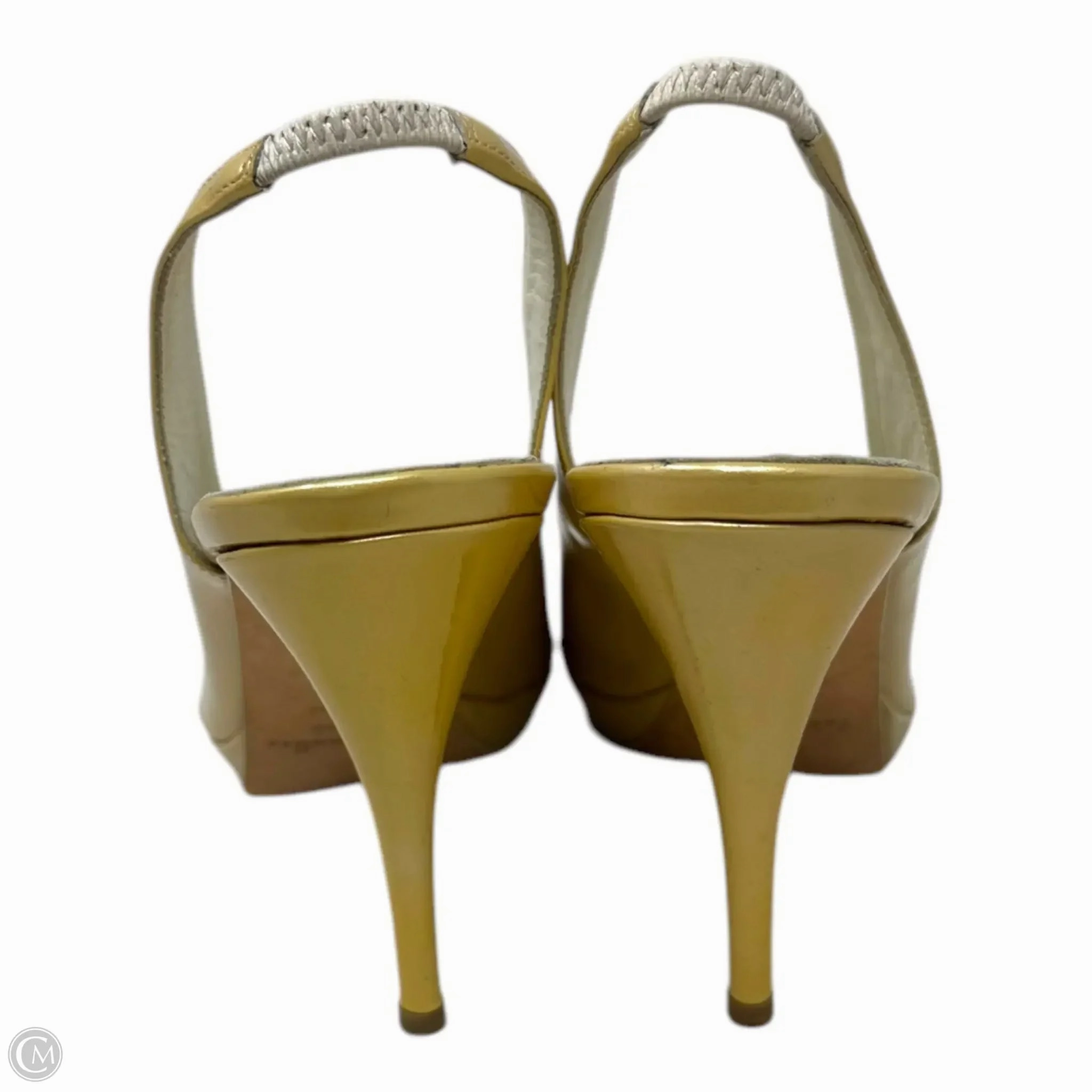 Slingback Stiletto Peep Toe Pumps By Bettye Muller In Metallic Gold Patent Leather, Size: US 9/ IT 39
