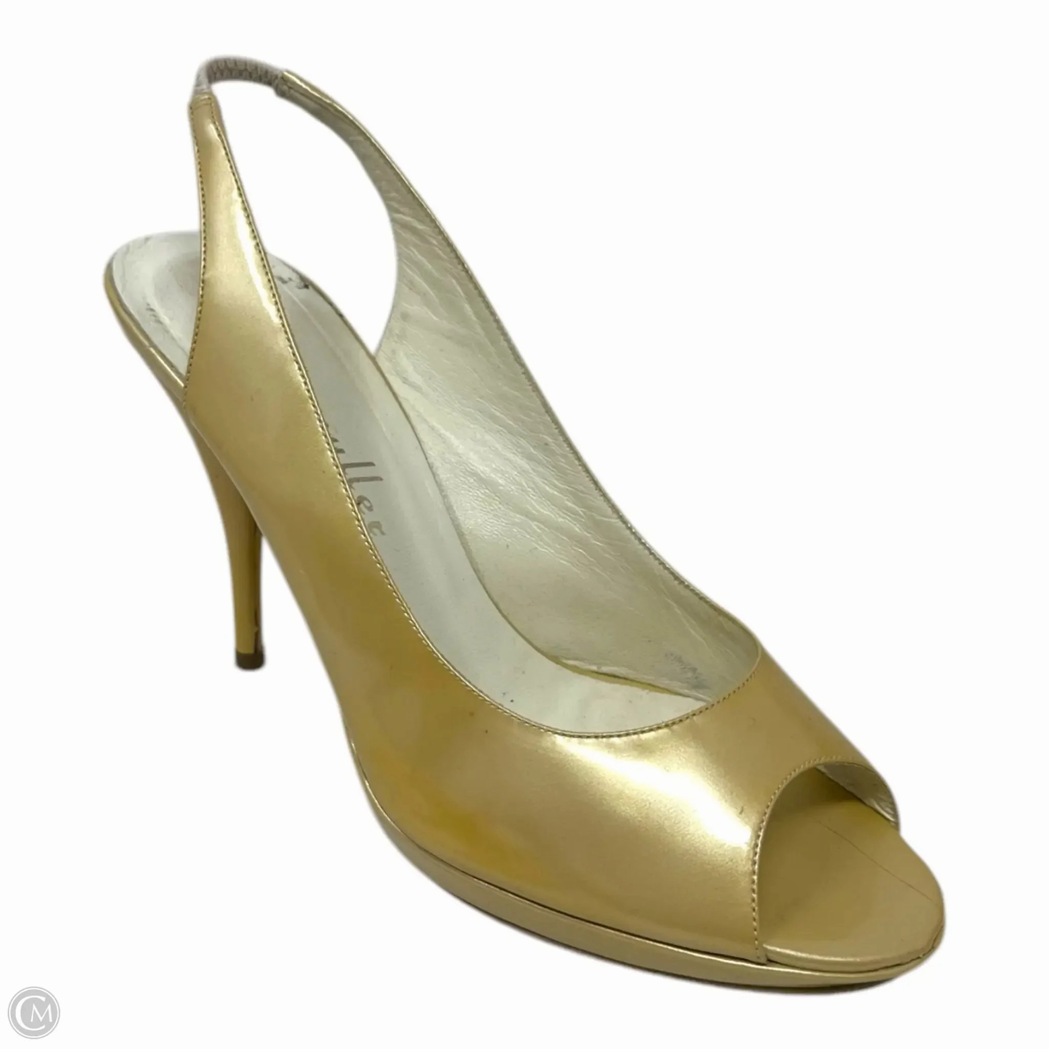 Slingback Stiletto Peep Toe Pumps By Bettye Muller In Metallic Gold Patent Leather, Size: US 9/ IT 39