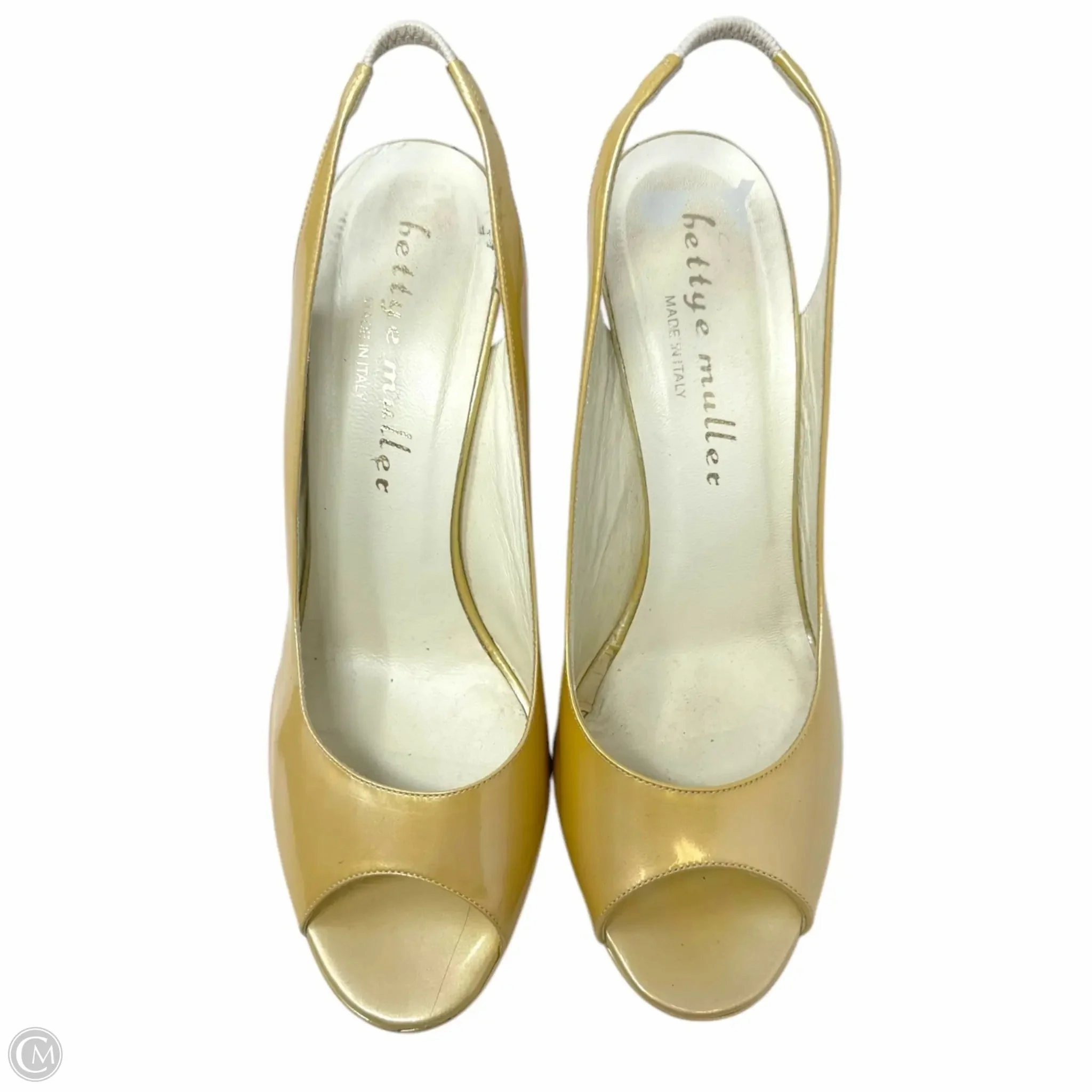 Slingback Stiletto Peep Toe Pumps By Bettye Muller In Metallic Gold Patent Leather, Size: US 9/ IT 39