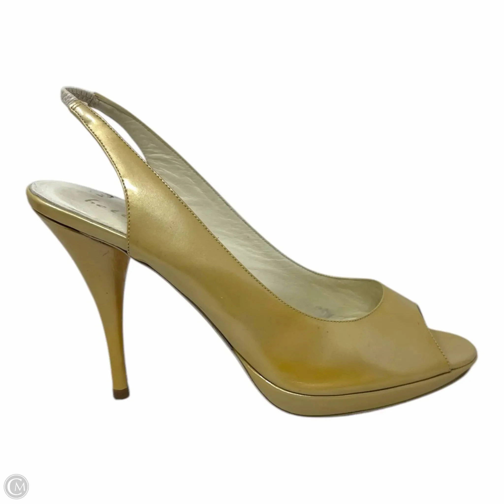 Slingback Stiletto Peep Toe Pumps By Bettye Muller In Metallic Gold Patent Leather, Size: US 9/ IT 39