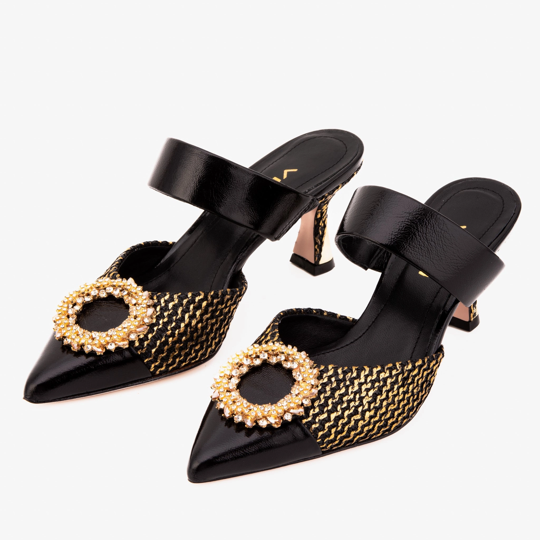 The Valencia Black & Gold Jewel Heel Women Mule Shoe