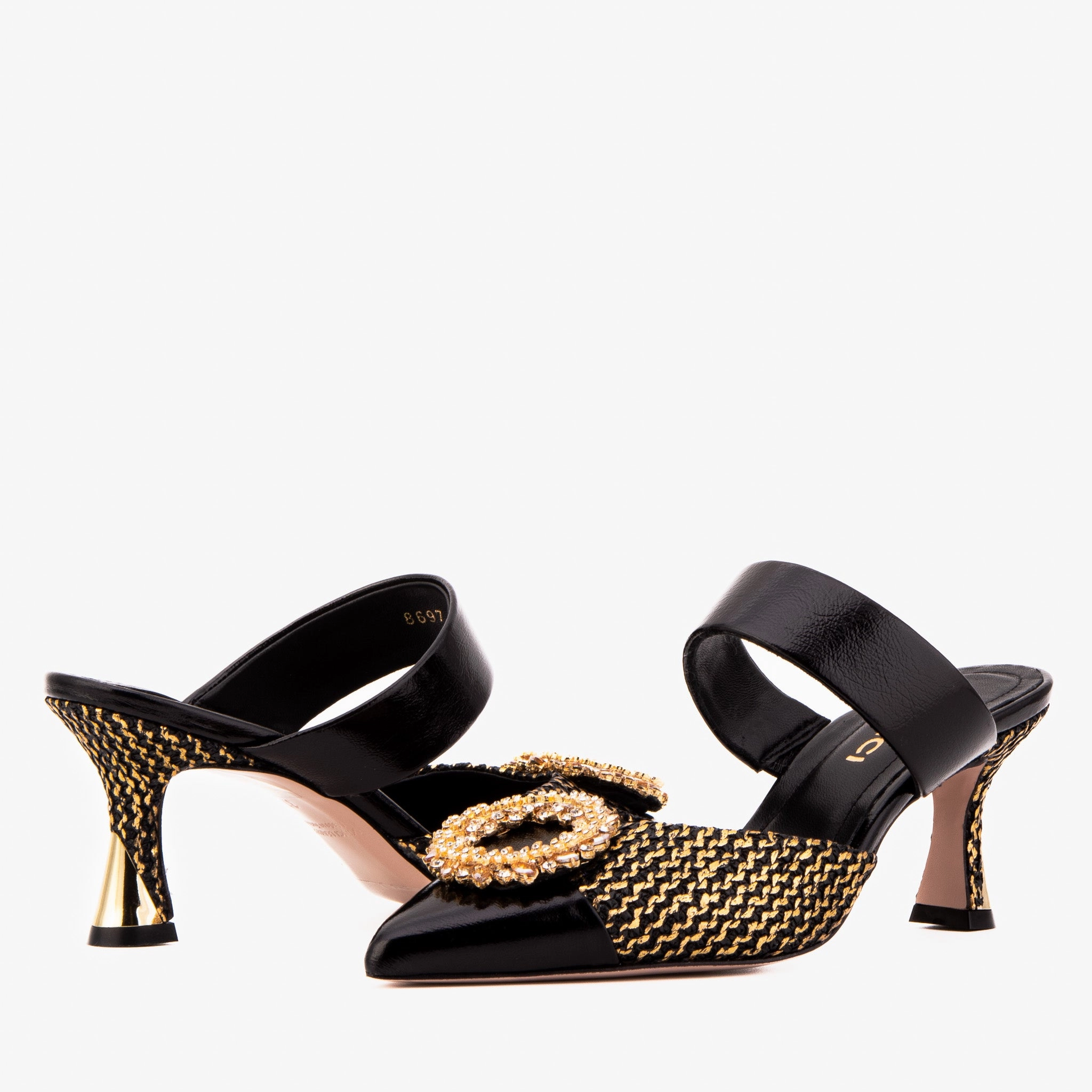 The Valencia Black & Gold Jewel Heel Women Mule Shoe