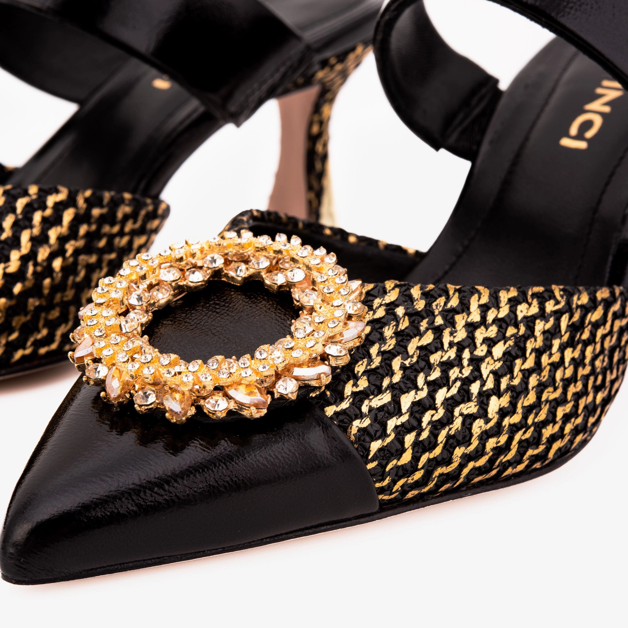 The Valencia Black & Gold Jewel Heel Women Mule Shoe