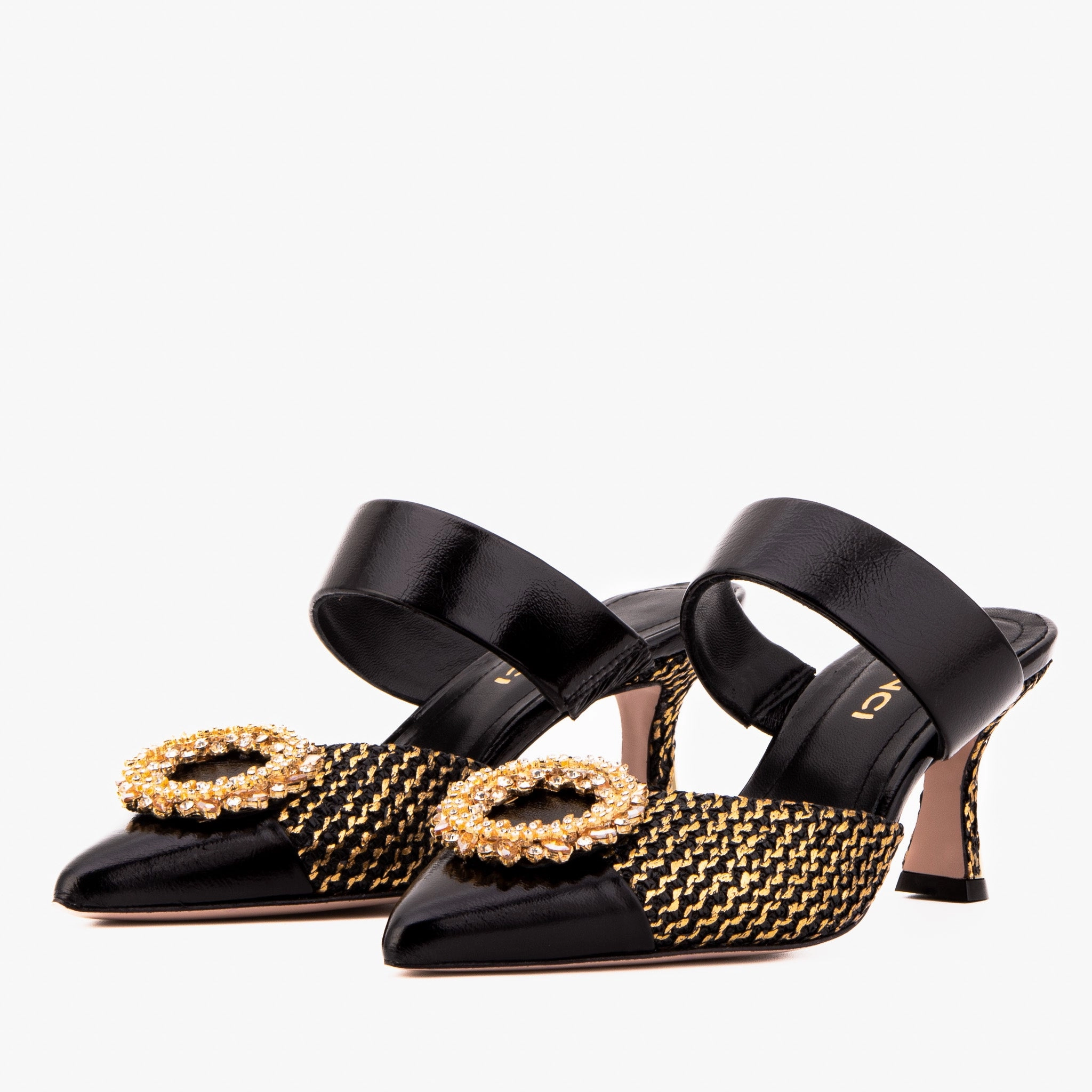 The Valencia Black & Gold Jewel Heel Women Mule Shoe