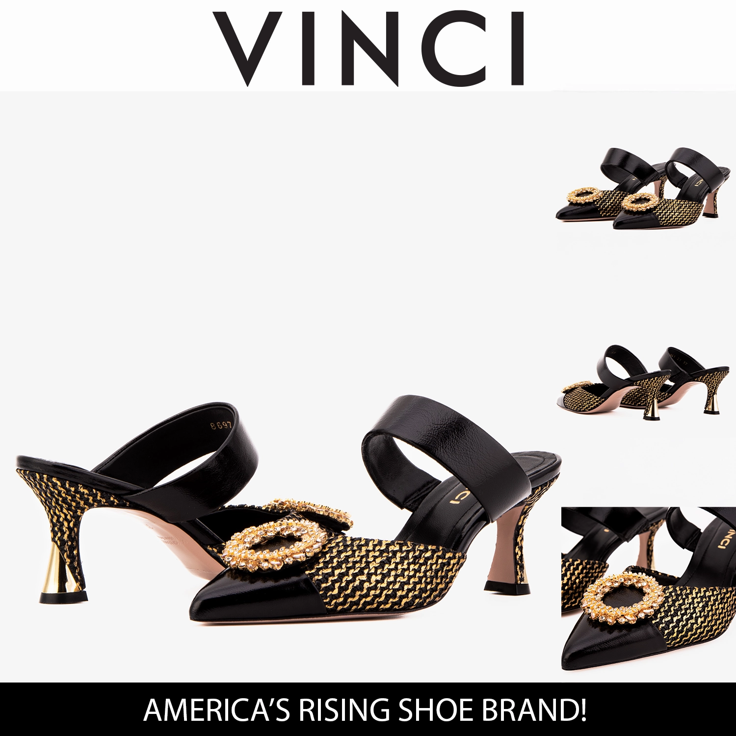 The Valencia Black & Gold Jewel Heel Women Mule Shoe