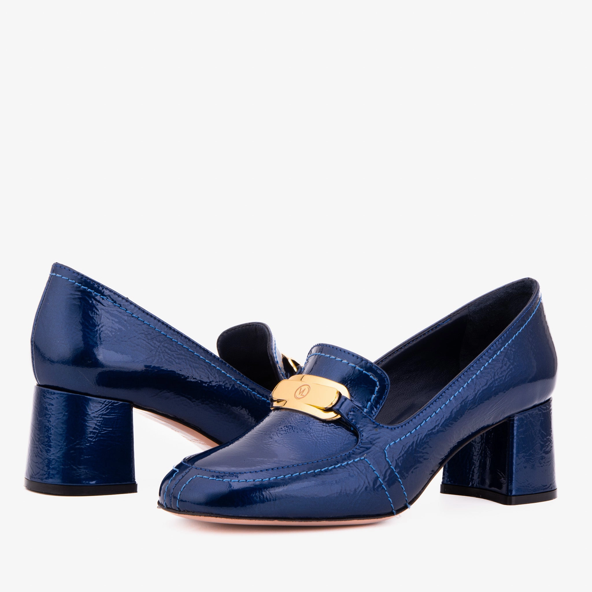 The Victoria Navy Blue Leather Block Heel Pump Women Shoe